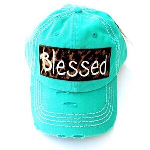 Blessed Leopard Print Aqua Green Womens Distressed Baseball KBETHOS Cap Hat
